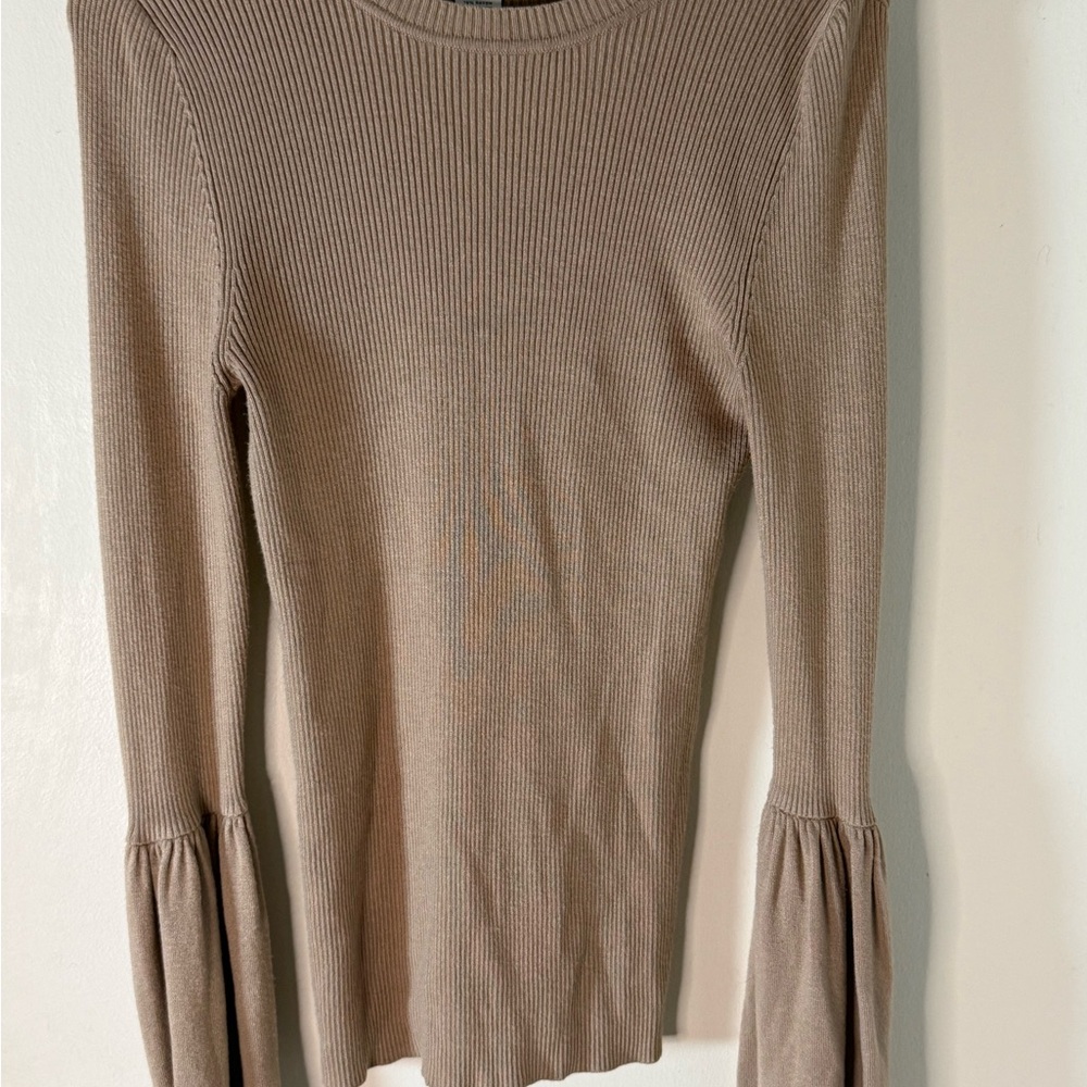 Carmen Marc Valvo Taupe Ribbed Long-Sleeve Crewneck with Flared Cuffs